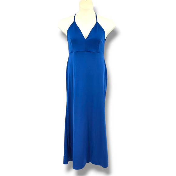 NEW Finejo Women's V Neck Spaghetti‎ Strap Booty Scrunch Maxi Dress Blue Large - Picture 1 of 9